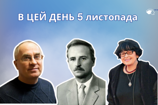 5 листопада 1919 року народився Міняйло Віктор Олександрович – український письменник та член Національної спілки письменників України. Народився в родині службовця. Дитинство і шкільні роки пройшли на Київщині. Закінчив Київський залізнично-будівельний технікум. Працював геодезистом-землевпорядником, економістом, учителем, інженером-землевпорядником, а вночі займався письменницькою роботою. Головний твір письменника – роман «Вічний Іван», за який автору присуджено Національну премію ім. Тараса Шевченка в 1996 році. Головний герой роману, український селянин, у всьому вивищується над зайдами-гнобителями й своїми зденаціоналізованими земляками. В публіцистичних виступах у пресі письменник відстоював українську мову й культуру, намагався пробуджувати у земляків почуття національної гідності. В цей день 1934 року народилась українська акторка, сценаристка і кінорежисерка – Муратова Кіра Георгіївна. Авторка двадцяти двох кінострічок, які мають світове визнання та одержали високі премії на багатьох престижних міжнародних кінофестивалях, зокрема, «Короткі зустрічі», «Довгі проводи», «Астенічний синдром», «Чутливий міліціонер», «Захоплення», «Три історії», «Чеховські мотиви», «Мелодія для шарманки», «Вічне повернення». Муратова відзначена численними професійними й державними нагородами. У 1997 році вона отримала почесне звання академіка Національної академії мистецтв України. З 2017 року входила до складу Американської кіноакадемії, що визначає володарів премії «Оскар». Кіра Муратова підтримувала Євромайдан та українізацію кінематографа. В цей день 1824 року народився Щоголів Яків Іванович – український поет, представник українського романтизму. Щоголев був одним з представників Харківської школи романтиків, і велика кількість його поезій присвячена романтичному зображенню історичного минулого України, насамперед Запорізької Січі й козаччини, образам запорожців. Козакофільська романтика Щоголева перейнята песимістичною тугою за минулим, за зниклою «останньою Січчю». Низка поезій присвячена образам української природи. Яків Щоголев написав для дітей багато поетичних творів. Найперший вірш, який варто згадати — це «Осінь». Тут йдеться не тільки про пору року, а й у підтексті про осінній період людського життя. Щоголев наголошує на тому, що людське життя не має таких чітких циклів, воно може зупинитися будь-якої хвилини. 5 листопада 1956 року народився Ушкалов Леонід Володимирович – український літературознавець, письменник, педагог, професор та член Національної спілки письменників України. Народився у містечку Краснопілля на Сумщині. Навчався на філологічному факультеті Харківського держуніверситету, по тому працював на кафедрі української та світової літератури Харківського національного педуніверситету ім. Григорія Сковороди. В доробку Ушкалова – роботи про життя, творчість і місце в культурі Григорія Сковороди, Тараса Шевченка, Панаса Мирного, Квітки-Основ’яненка, Михайла Драгоманова. Леонід Ушкалов є автором не лише академічних розвідок з історії української літератури, філософії та богослів’я, а й науково-популярних праць та книжок для дітей.